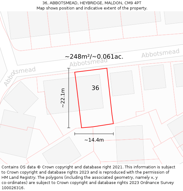 36, ABBOTSMEAD, HEYBRIDGE, MALDON, CM9 4PT: Plot and title map