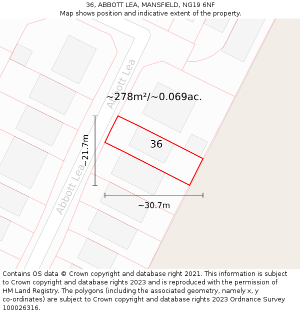 36, ABBOTT LEA, MANSFIELD, NG19 6NF: Plot and title map