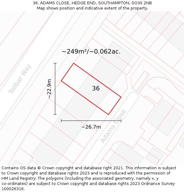 36, ADAMS CLOSE, HEDGE END, SOUTHAMPTON, SO30 2NB: Plot and title map