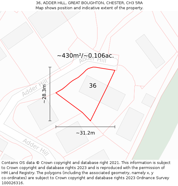 36, ADDER HILL, GREAT BOUGHTON, CHESTER, CH3 5RA: Plot and title map