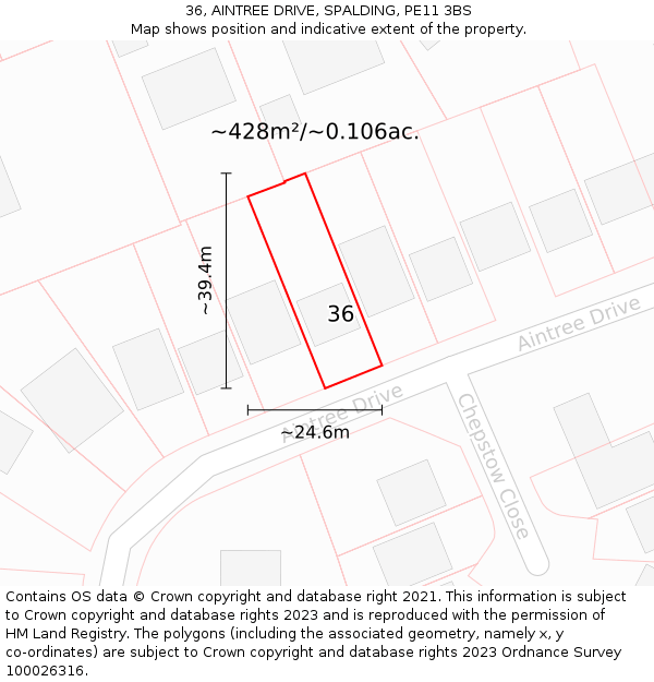 36, AINTREE DRIVE, SPALDING, PE11 3BS: Plot and title map