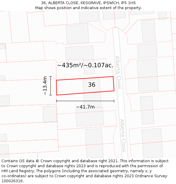36, ALBERTA CLOSE, KESGRAVE, IPSWICH, IP5 1HS: Plot and title map