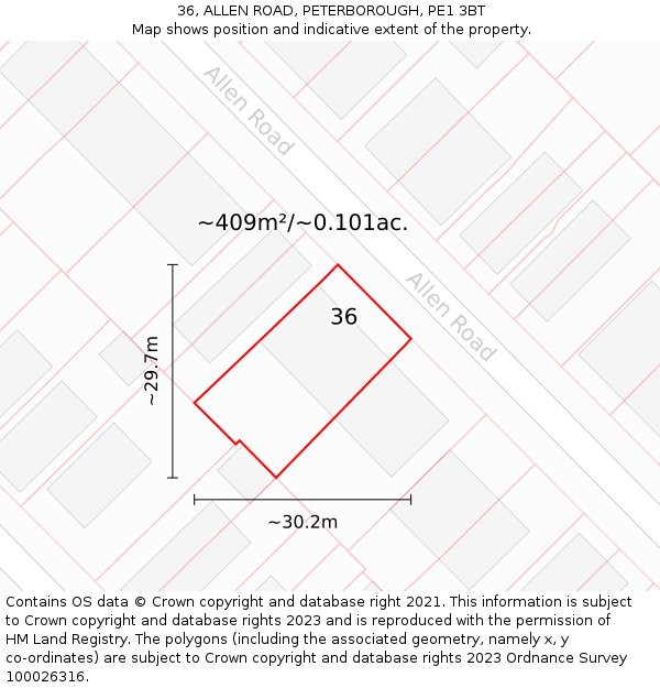 36, ALLEN ROAD, PETERBOROUGH, PE1 3BT: Plot and title map