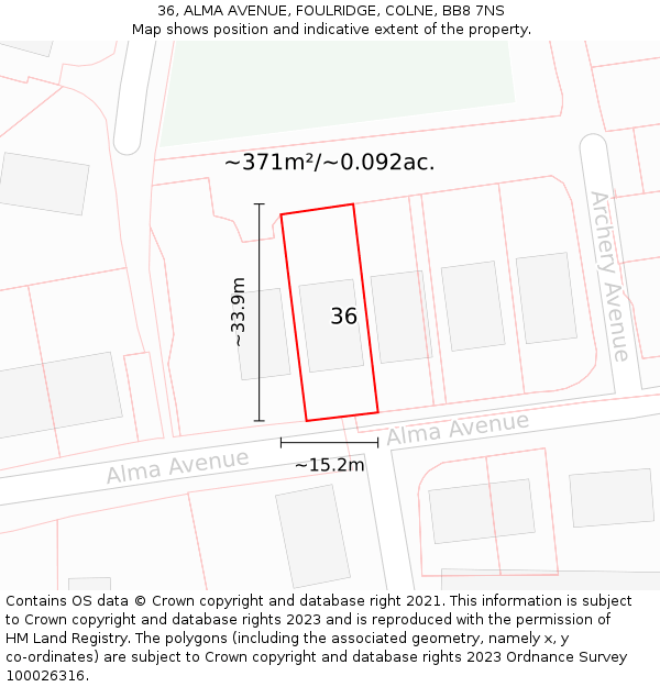36, ALMA AVENUE, FOULRIDGE, COLNE, BB8 7NS: Plot and title map