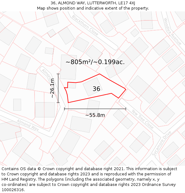 36, ALMOND WAY, LUTTERWORTH, LE17 4XJ: Plot and title map