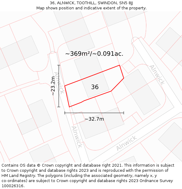 36, ALNWICK, TOOTHILL, SWINDON, SN5 8JJ: Plot and title map
