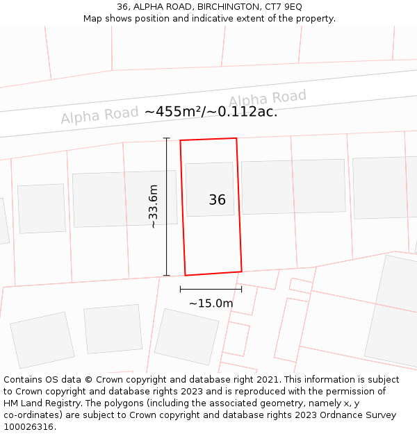 36, ALPHA ROAD, BIRCHINGTON, CT7 9EQ: Plot and title map