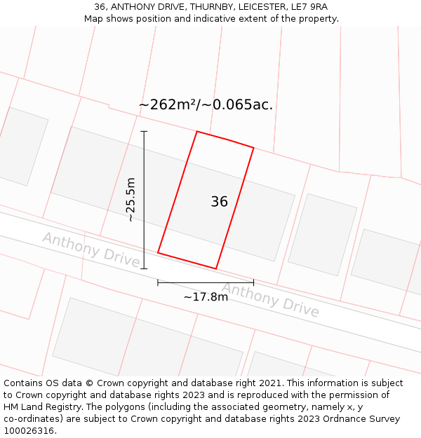 36, ANTHONY DRIVE, THURNBY, LEICESTER, LE7 9RA: Plot and title map