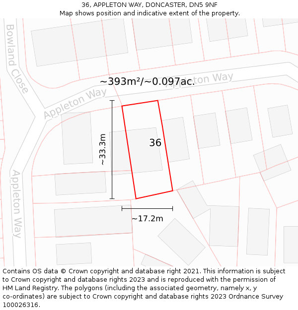 36, APPLETON WAY, DONCASTER, DN5 9NF: Plot and title map