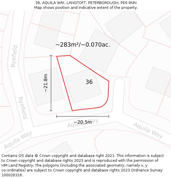 36, AQUILA WAY, LANGTOFT, PETERBOROUGH, PE6 9NN: Plot and title map