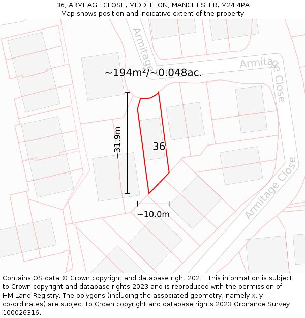 36, ARMITAGE CLOSE, MIDDLETON, MANCHESTER, M24 4PA: Plot and title map