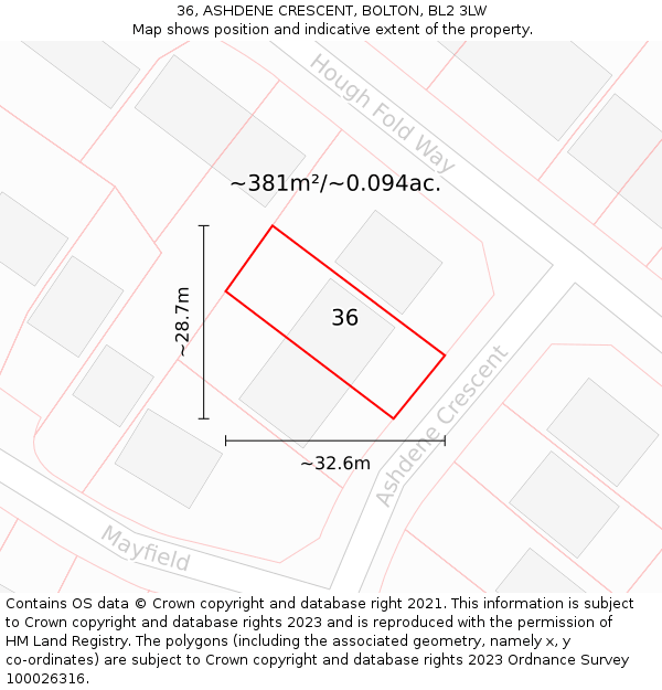 36, ASHDENE CRESCENT, BOLTON, BL2 3LW: Plot and title map