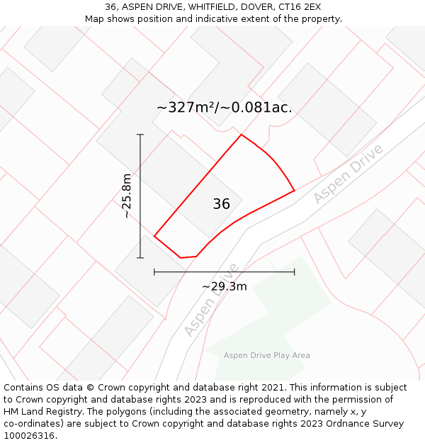 36, ASPEN DRIVE, WHITFIELD, DOVER, CT16 2EX: Plot and title map