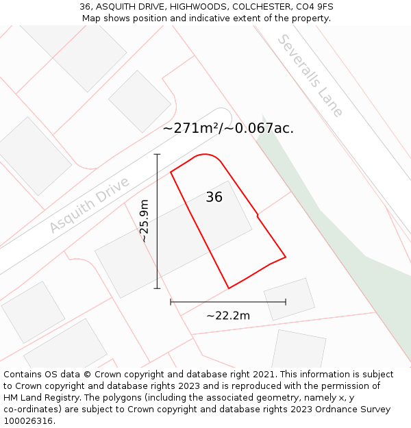 36, ASQUITH DRIVE, HIGHWOODS, COLCHESTER, CO4 9FS: Plot and title map