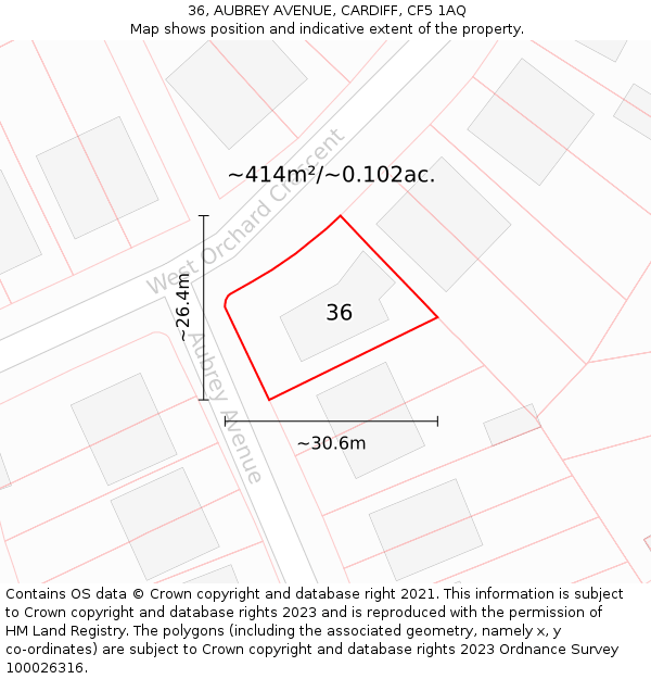 36, AUBREY AVENUE, CARDIFF, CF5 1AQ: Plot and title map