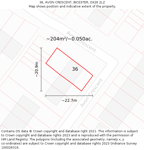 36, AVON CRESCENT, BICESTER, OX26 2LZ: Plot and title map