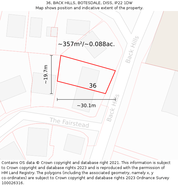 36, BACK HILLS, BOTESDALE, DISS, IP22 1DW: Plot and title map