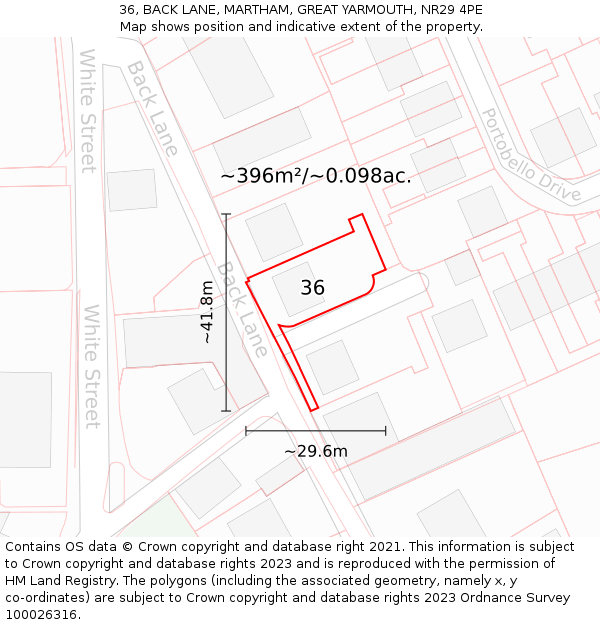 36, BACK LANE, MARTHAM, GREAT YARMOUTH, NR29 4PE: Plot and title map