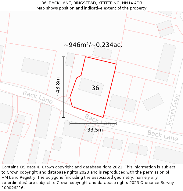 36, BACK LANE, RINGSTEAD, KETTERING, NN14 4DR: Plot and title map