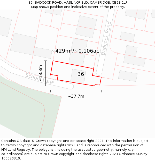 36, BADCOCK ROAD, HASLINGFIELD, CAMBRIDGE, CB23 1LF: Plot and title map