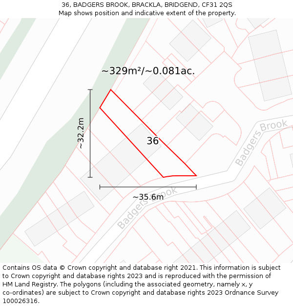36, BADGERS BROOK, BRACKLA, BRIDGEND, CF31 2QS: Plot and title map