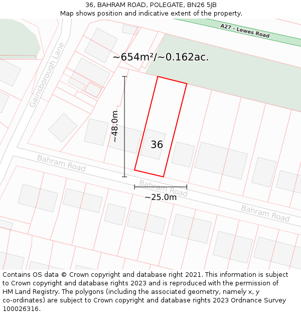 36, BAHRAM ROAD, POLEGATE, BN26 5JB: Plot and title map