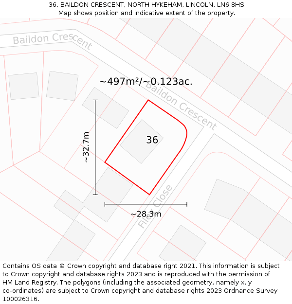 36, BAILDON CRESCENT, NORTH HYKEHAM, LINCOLN, LN6 8HS: Plot and title map