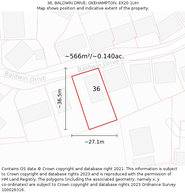 36, BALDWIN DRIVE, OKEHAMPTON, EX20 1UH: Plot and title map