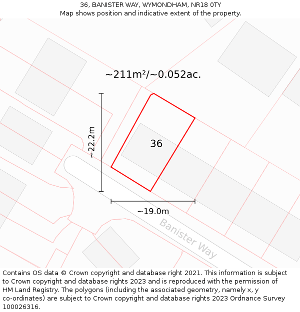 36, BANISTER WAY, WYMONDHAM, NR18 0TY: Plot and title map
