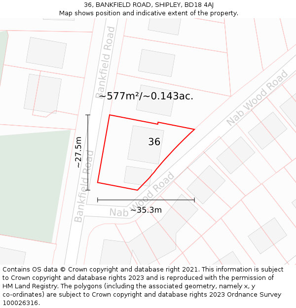 36, BANKFIELD ROAD, SHIPLEY, BD18 4AJ: Plot and title map