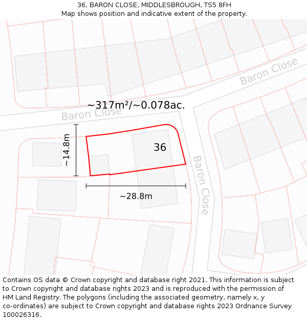36, BARON CLOSE, MIDDLESBROUGH, TS5 8FH: Plot and title map