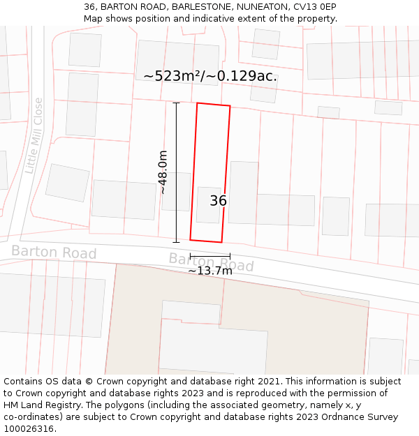 36, BARTON ROAD, BARLESTONE, NUNEATON, CV13 0EP: Plot and title map