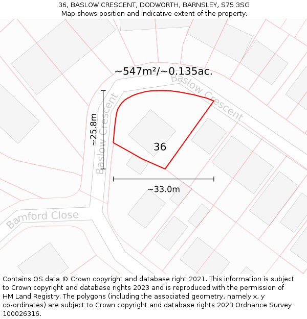 36, BASLOW CRESCENT, DODWORTH, BARNSLEY, S75 3SG: Plot and title map