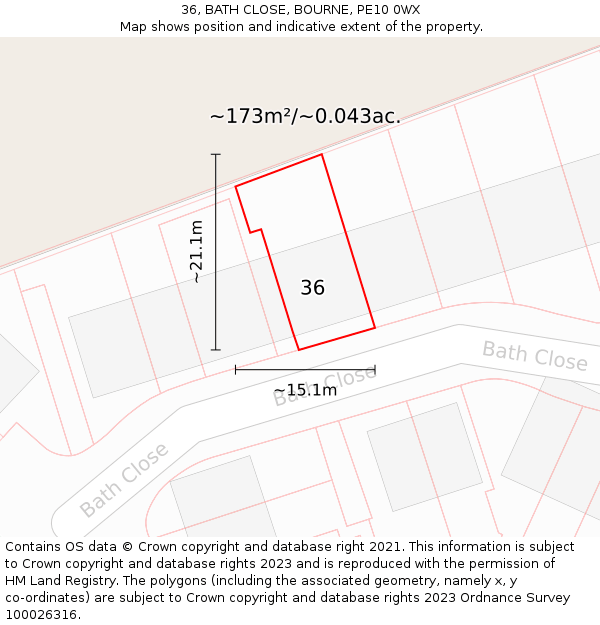 36, BATH CLOSE, BOURNE, PE10 0WX: Plot and title map