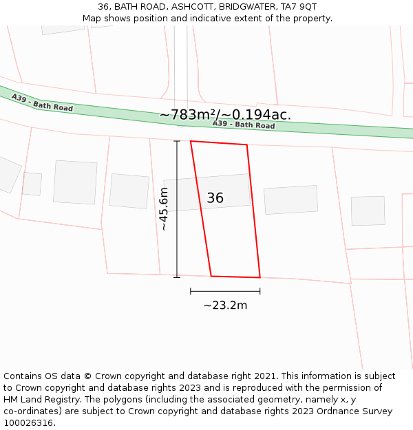 36, BATH ROAD, ASHCOTT, BRIDGWATER, TA7 9QT: Plot and title map