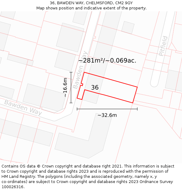 36, BAWDEN WAY, CHELMSFORD, CM2 9GY: Plot and title map