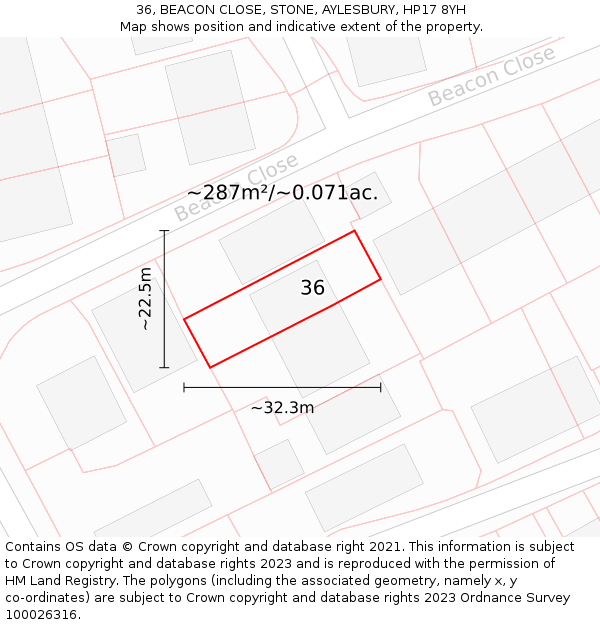 36, BEACON CLOSE, STONE, AYLESBURY, HP17 8YH: Plot and title map