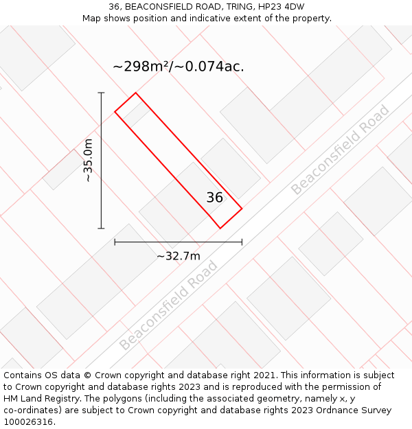 36, BEACONSFIELD ROAD, TRING, HP23 4DW: Plot and title map