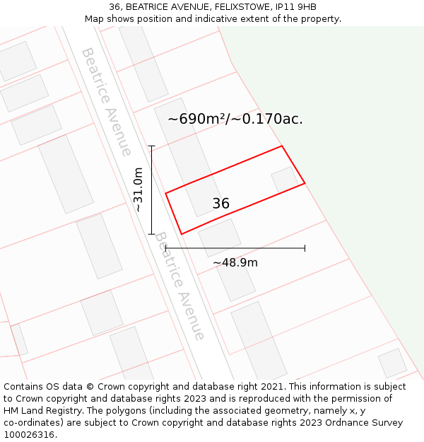 36, BEATRICE AVENUE, FELIXSTOWE, IP11 9HB: Plot and title map