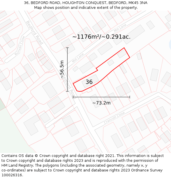 36, BEDFORD ROAD, HOUGHTON CONQUEST, BEDFORD, MK45 3NA: Plot and title map