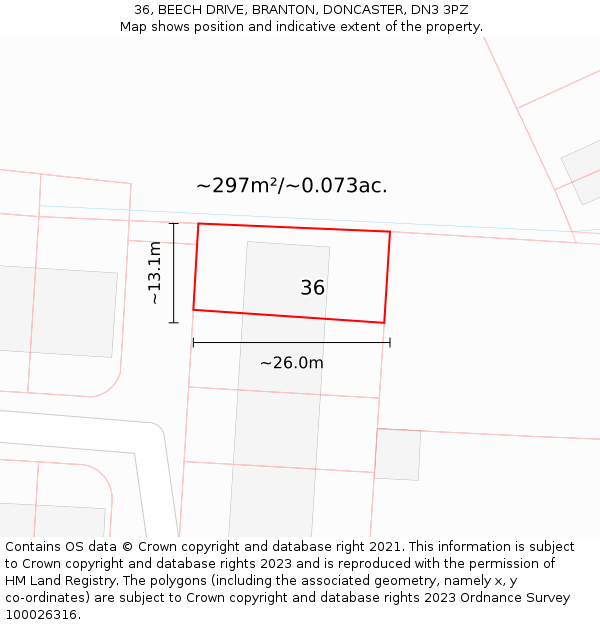 36, BEECH DRIVE, BRANTON, DONCASTER, DN3 3PZ: Plot and title map