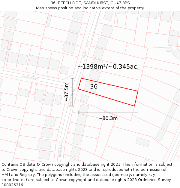 36, BEECH RIDE, SANDHURST, GU47 8PS: Plot and title map
