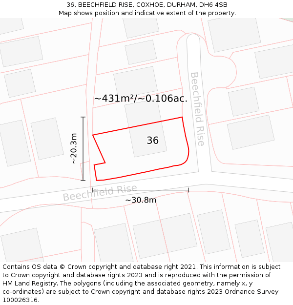 36, BEECHFIELD RISE, COXHOE, DURHAM, DH6 4SB: Plot and title map