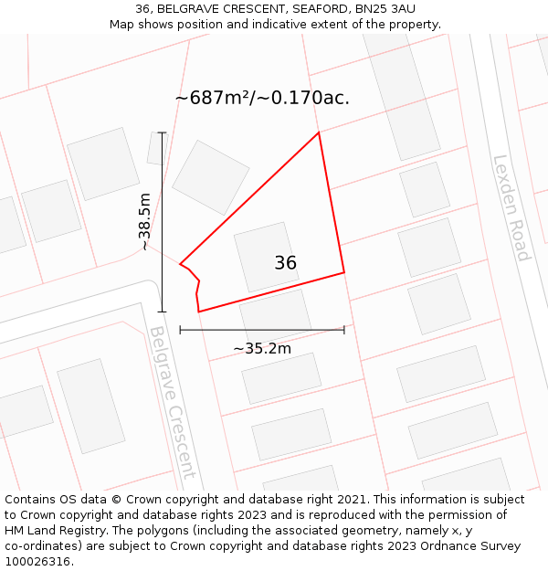 36, BELGRAVE CRESCENT, SEAFORD, BN25 3AU: Plot and title map