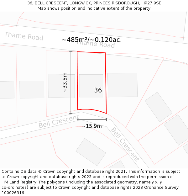 36, BELL CRESCENT, LONGWICK, PRINCES RISBOROUGH, HP27 9SE: Plot and title map