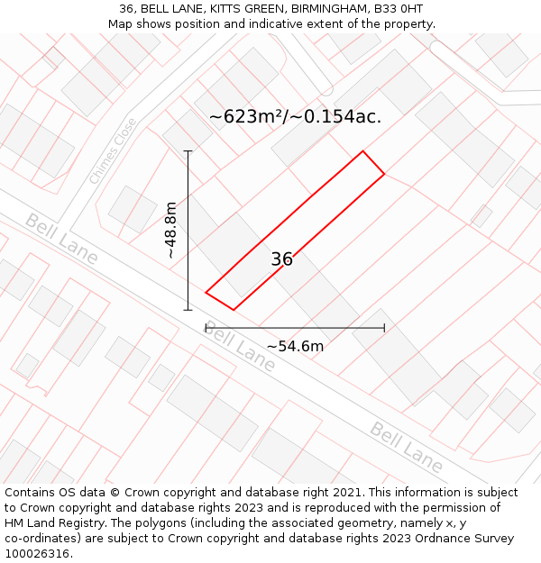 36, BELL LANE, KITTS GREEN, BIRMINGHAM, B33 0HT: Plot and title map