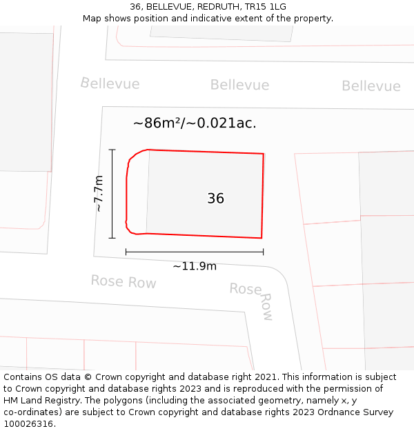 36, BELLEVUE, REDRUTH, TR15 1LG: Plot and title map