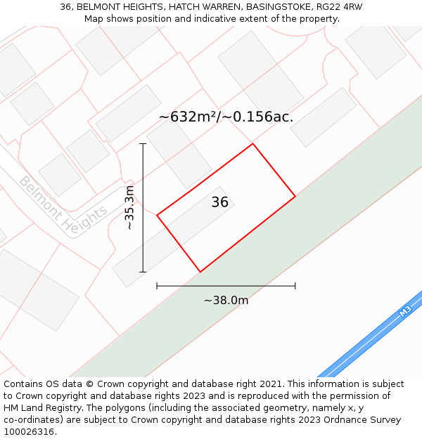 36, BELMONT HEIGHTS, HATCH WARREN, BASINGSTOKE, RG22 4RW: Plot and title map