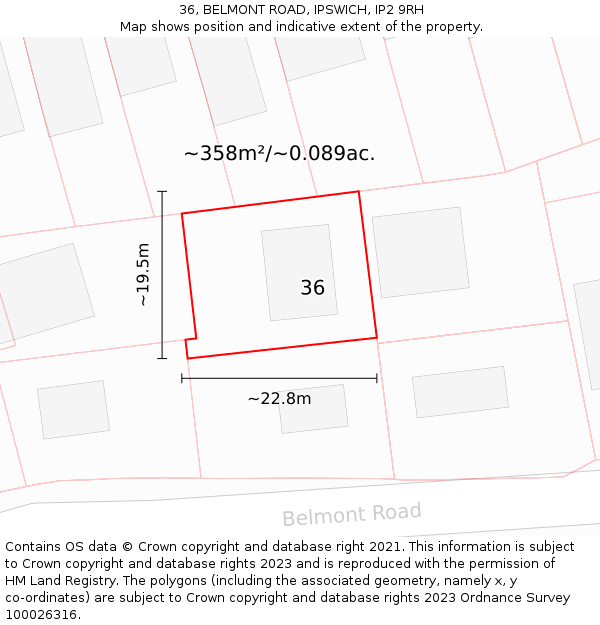 36, BELMONT ROAD, IPSWICH, IP2 9RH: Plot and title map