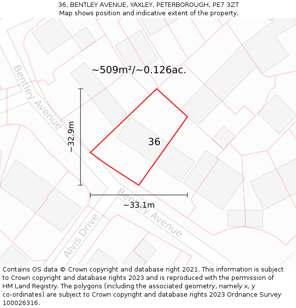 36, BENTLEY AVENUE, YAXLEY, PETERBOROUGH, PE7 3ZT: Plot and title map